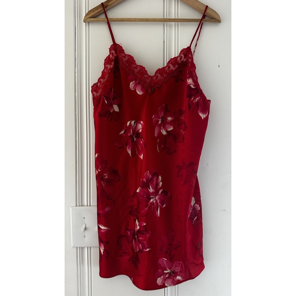 Red Floral Satin Slip Dress Lace Trim Dark Feminine Spaghetti Strap Mini Dress